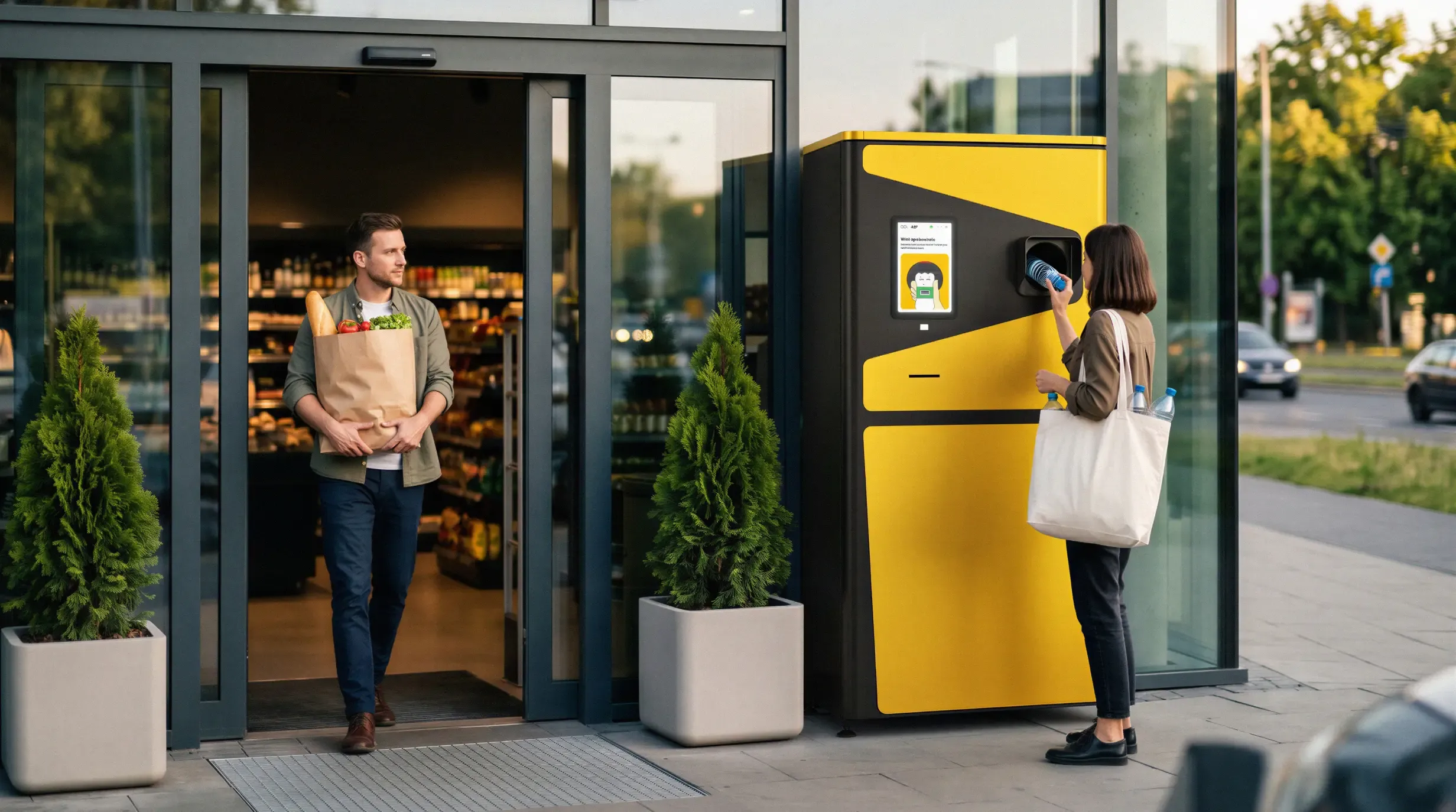 Automat kaucyjny Rev Loop One przed wejściem do sklepu, klientka zwraca butelkę