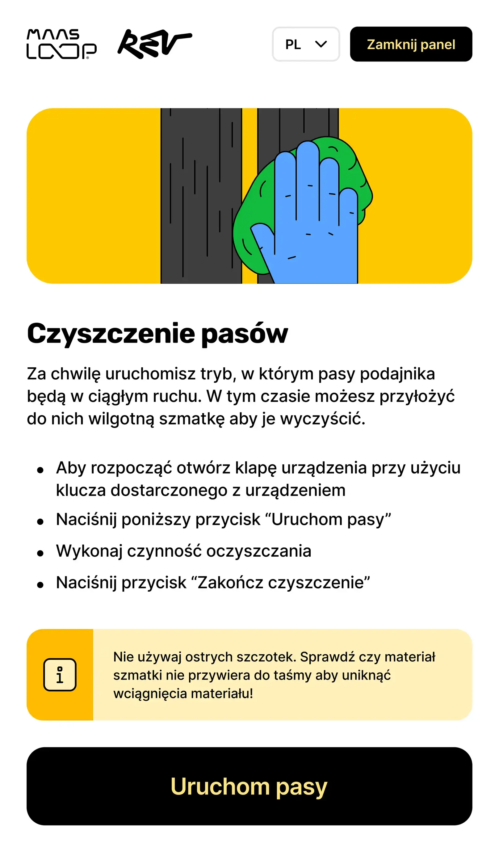 Ekran automatu Rev Loop: instrukcja przygotowania do czyszczenia pasów