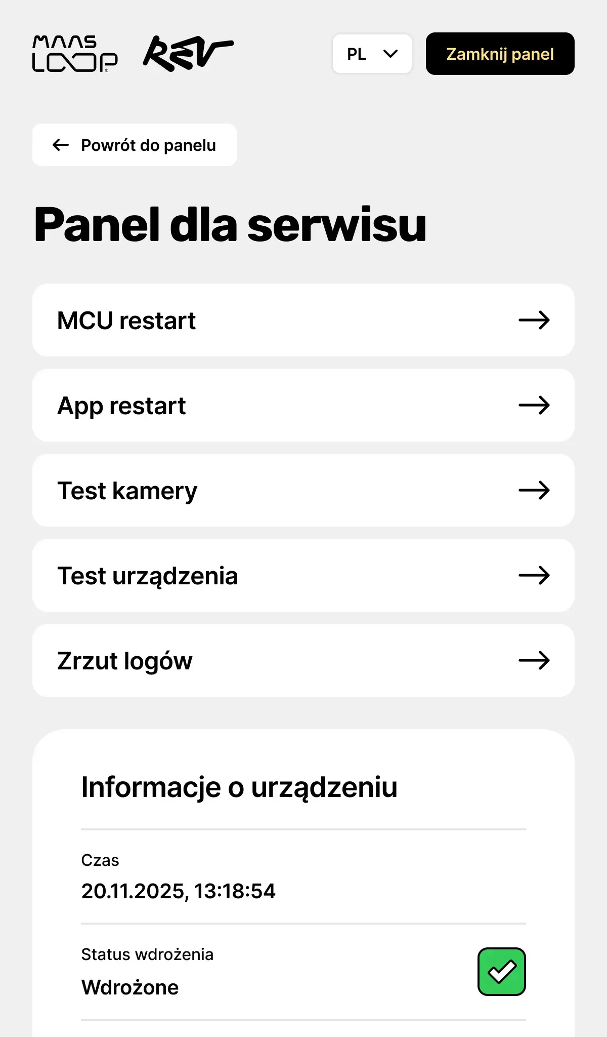 Panel dla serwisu Rev Loop: restart, test kamery i informacje o urządzeniu