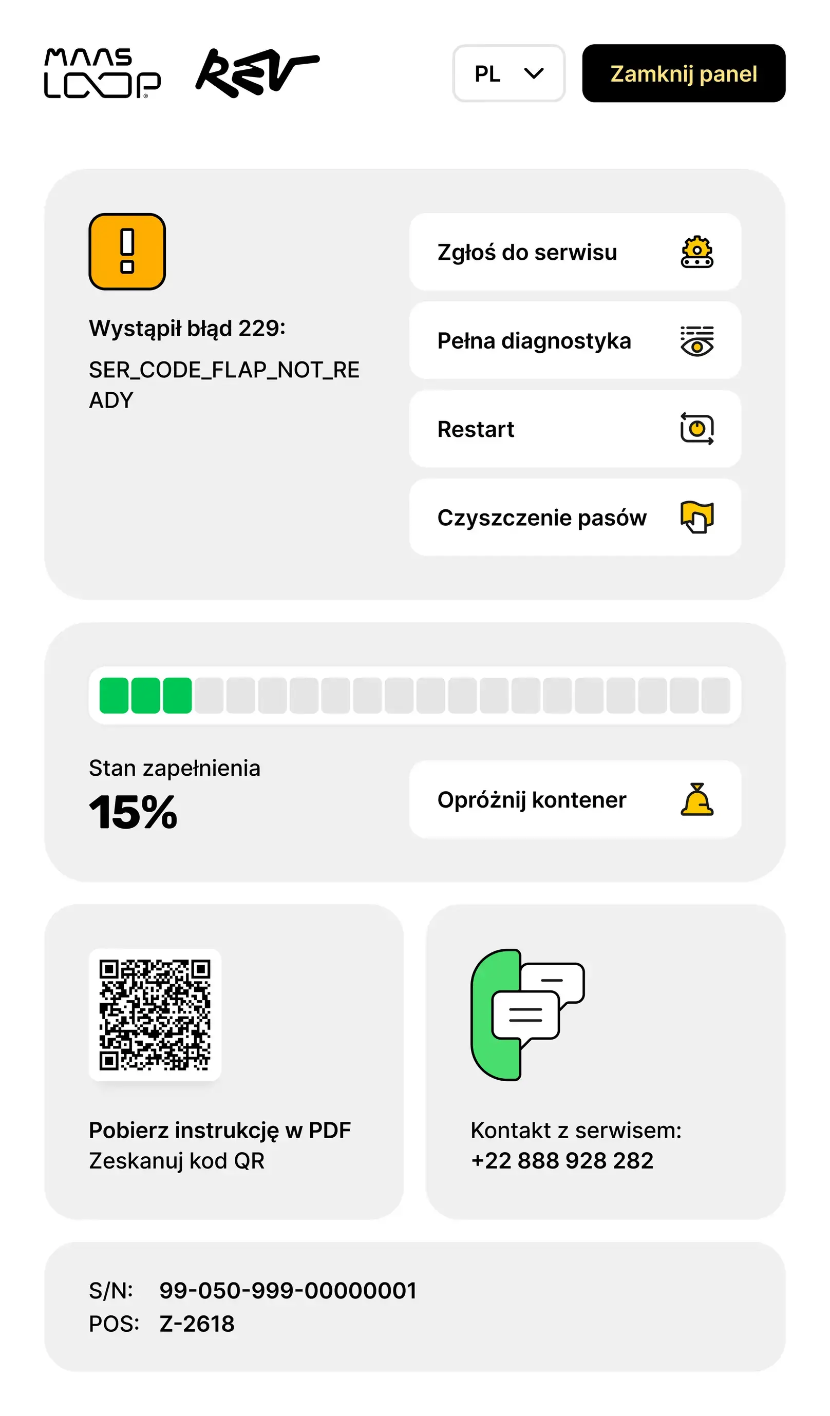 Panel serwisowy Rev Loop zgłaszający błąd urządzenia