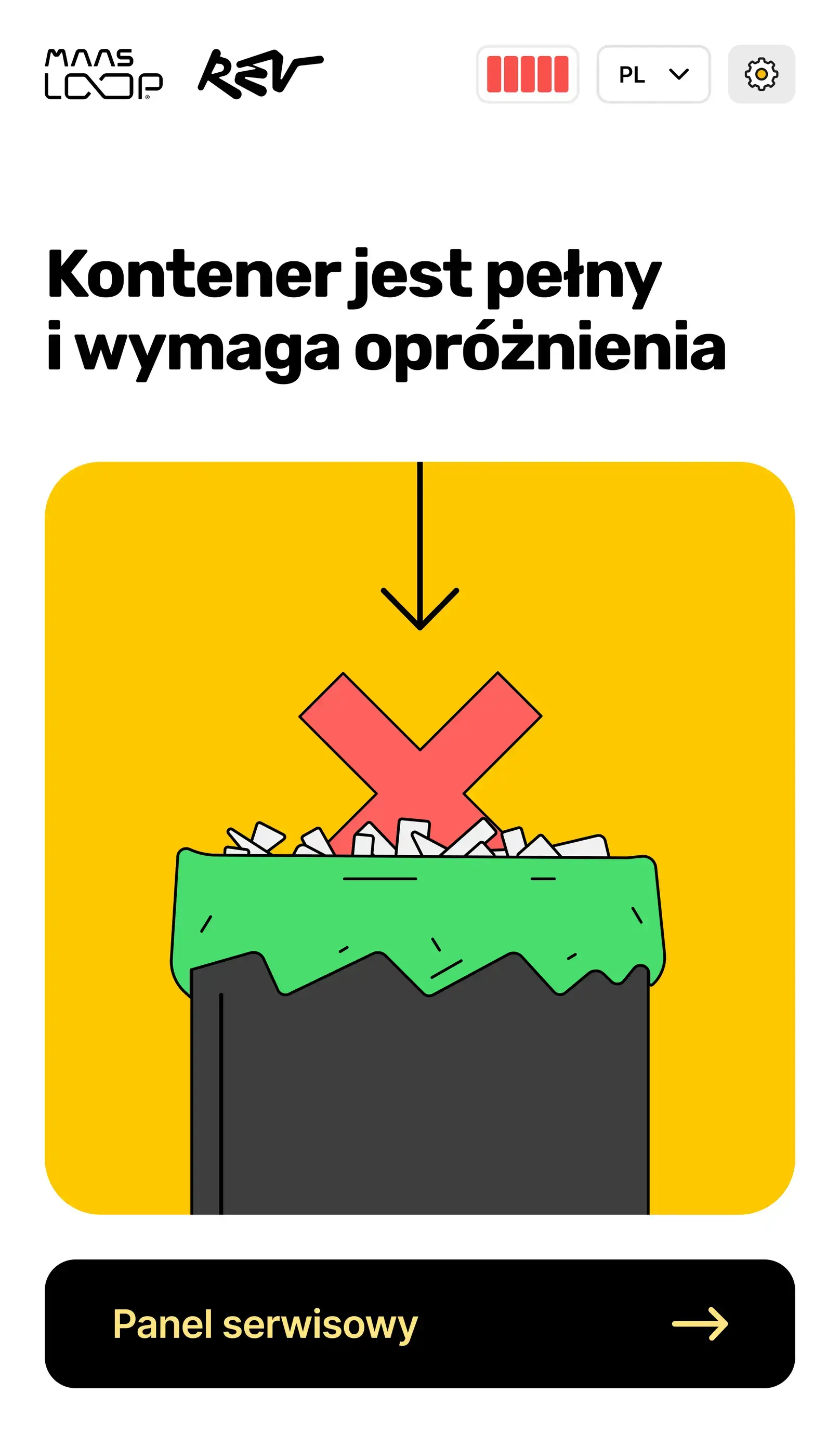 Ekran automatu Rev Loop: kontener jest pełny i wymaga opróżnienia