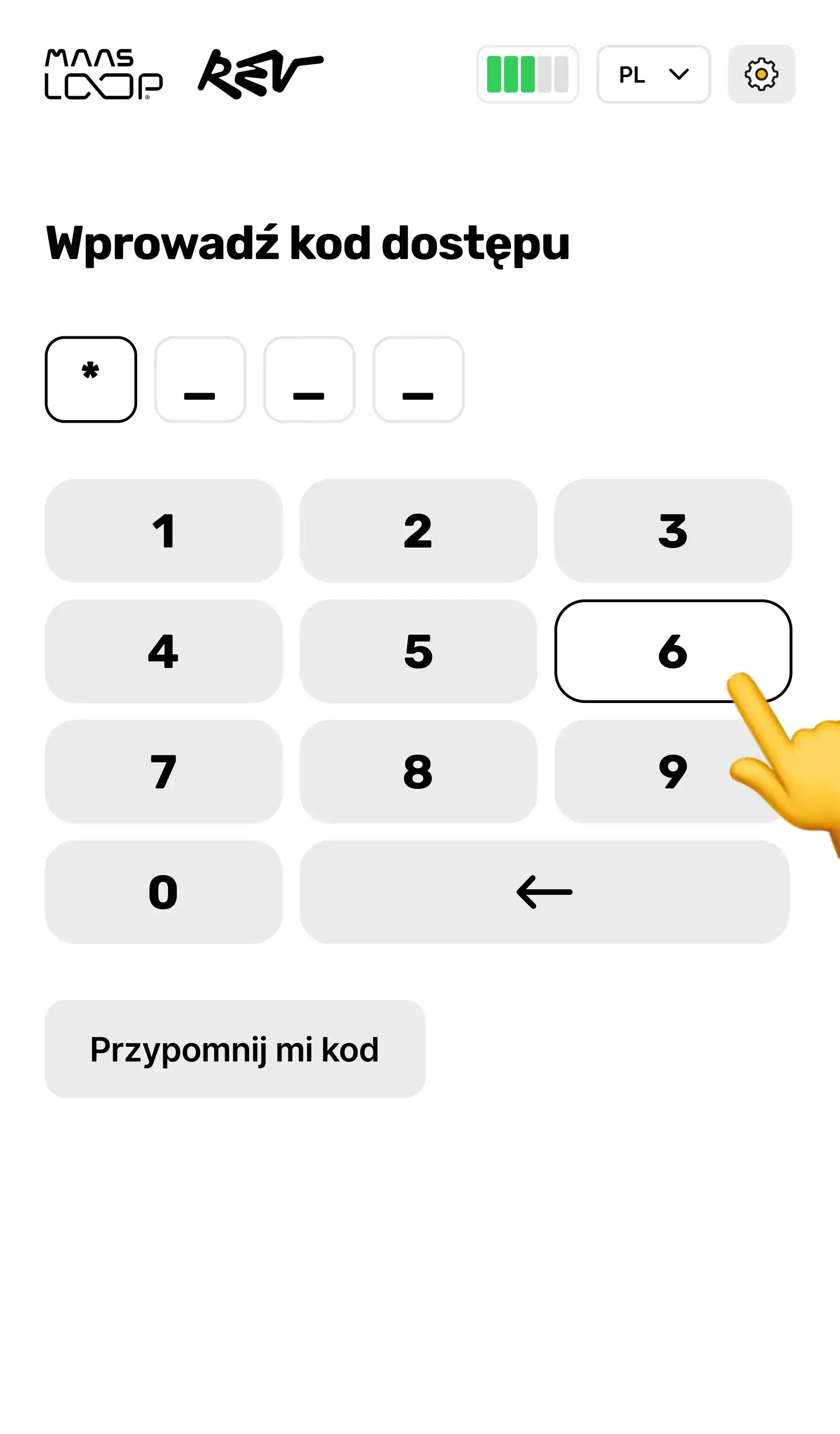 Ekran automatu Rev Loop: wpisywanie kodu dostępu do panelu serwisowego