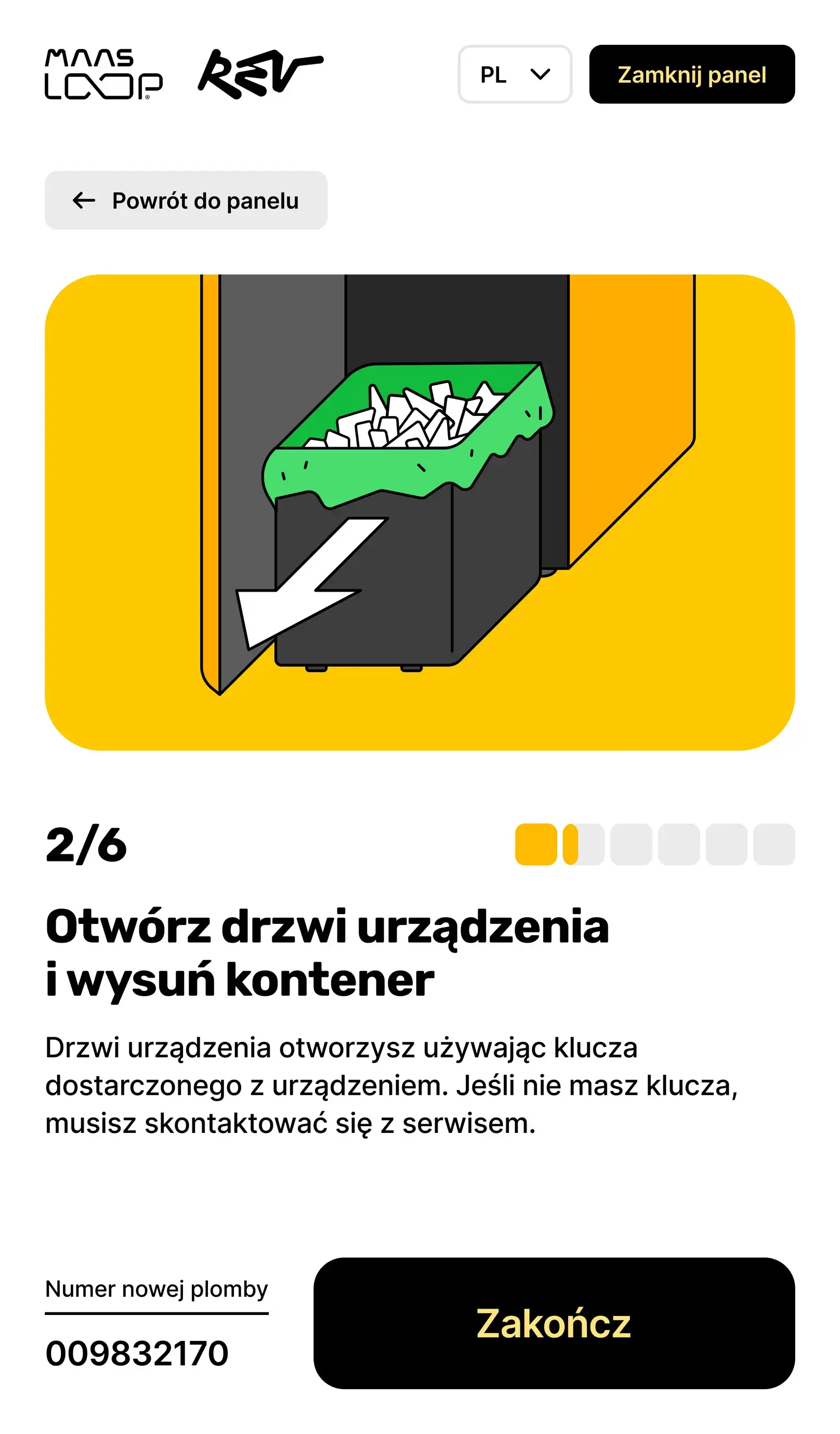 Wymiana worka, krok 2 z 6: otwórz drzwi urządzenia i wysuń kontener