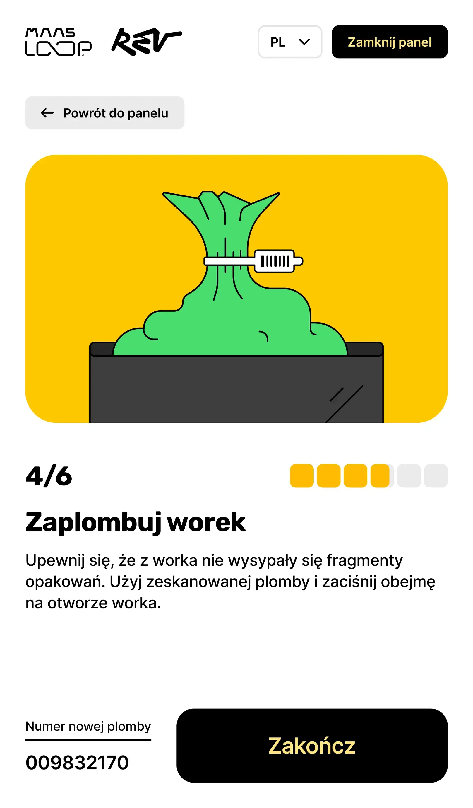 Wymiana worka, krok 4 z 6: zaplombuj worek