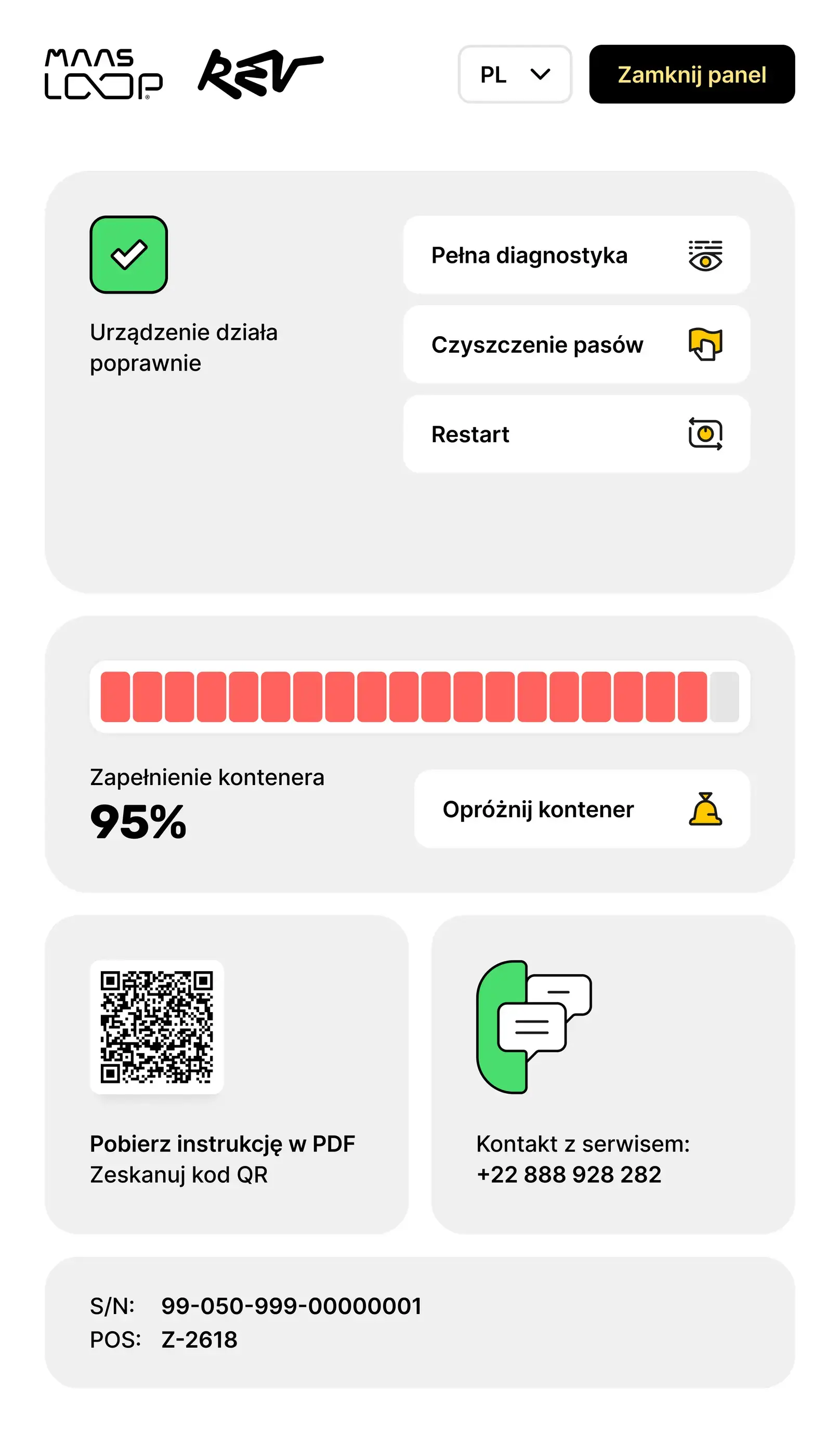 Panel serwisowy Rev Loop z przyciskiem opróżnienia kontenera
