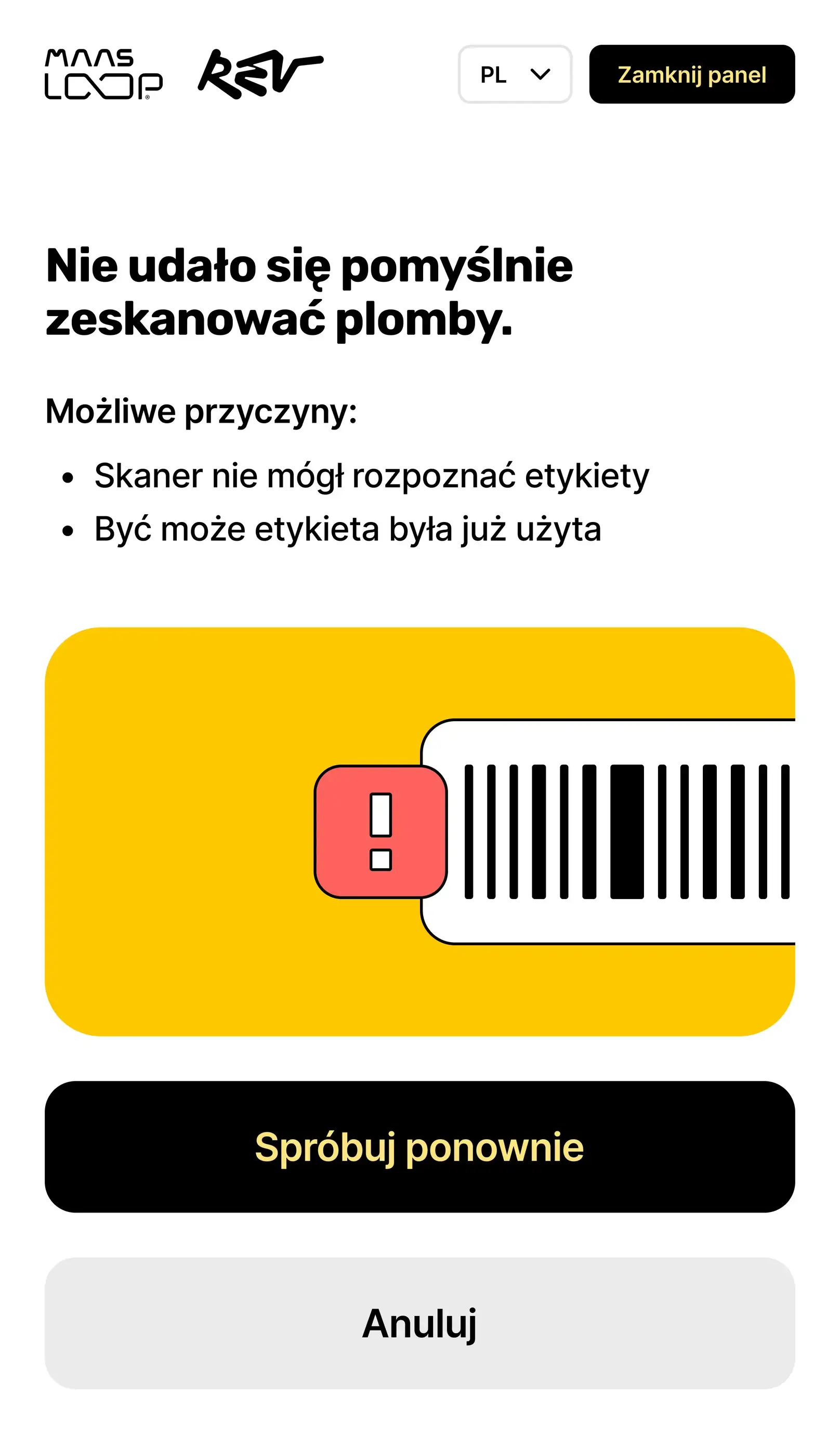 Ekran automatu Rev Loop: nie udało się zeskanować plomby