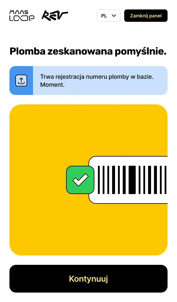 Ekran automatu Rev Loop: plomba zeskanowana pomyślnie