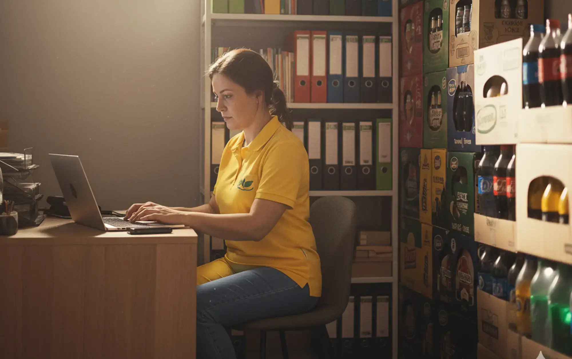 Właścicielka sklepu prowadzi rozliczenia przy laptopie na zapleczu
