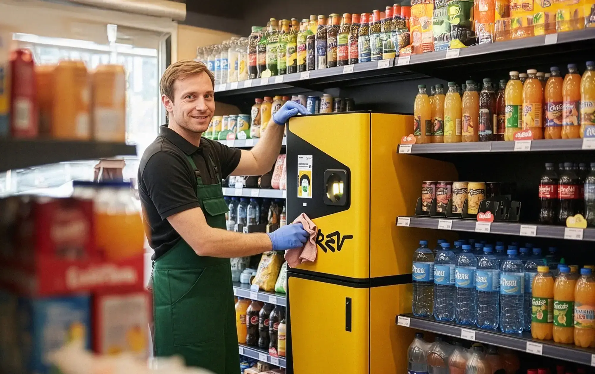 Pracownik sklepu czyści automat kaucyjny Rev Loop