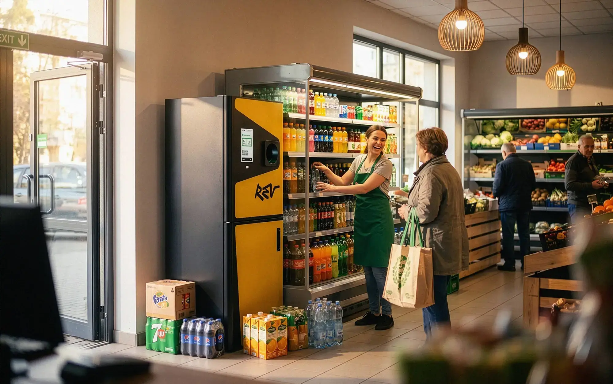 Sklep z automatem Rev Loop przy wejściu, obsługa i klienci