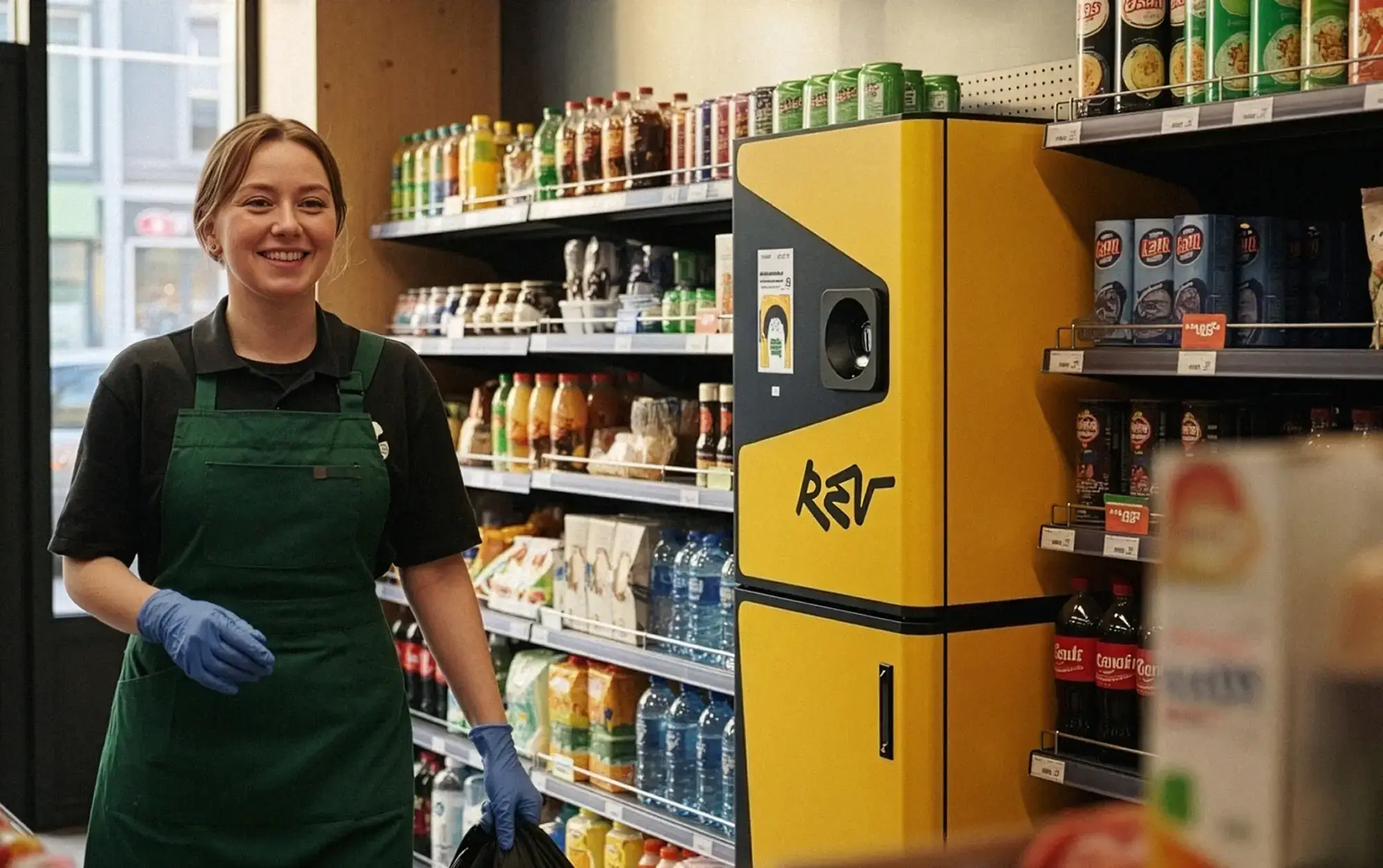 Uśmiechnięta pracowniczka sklepu w rękawiczkach przy automacie kaucyjnym Rev Loop