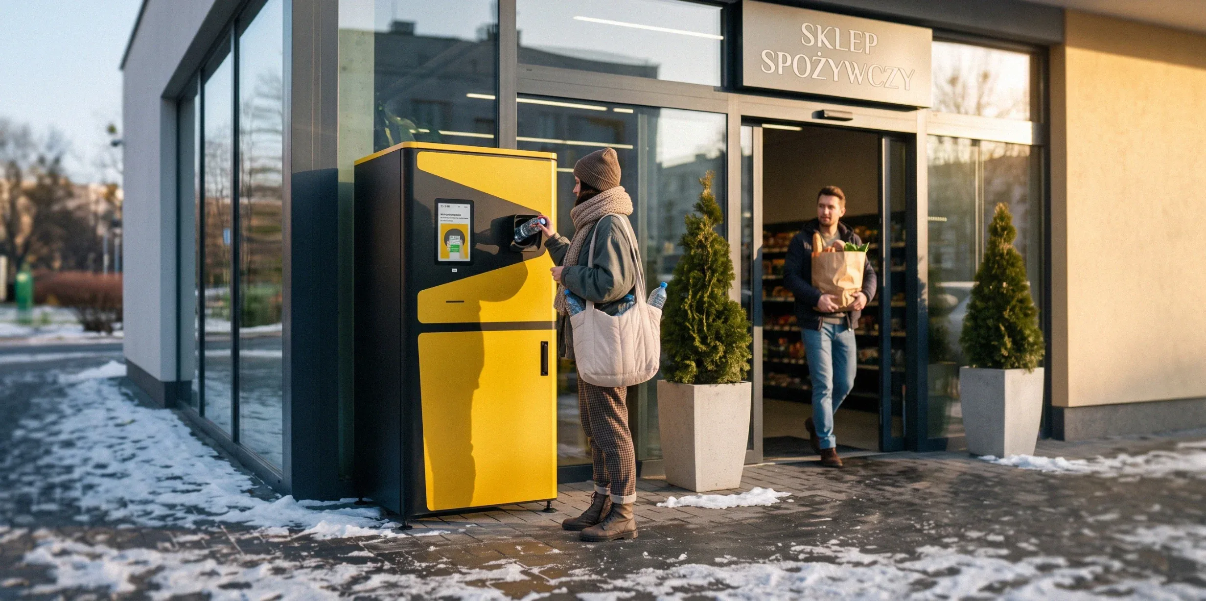Klientka wrzuca butelkę do automatu kaucyjnego Rev Loop One przed sklepem spożywczym zimą