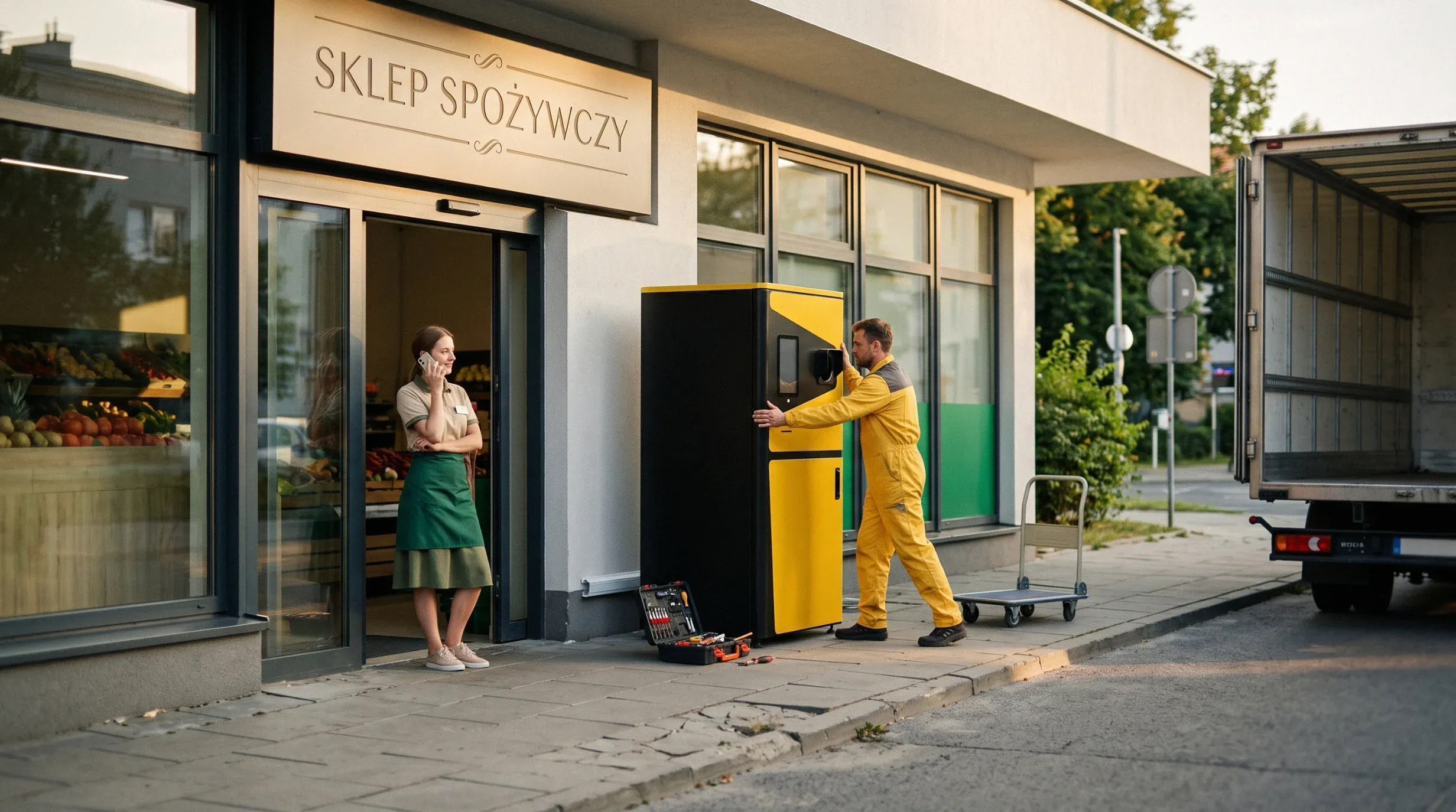 Monter MaasLoop ustawia automat Rev Loop One przed wejściem do sklepu spożywczego