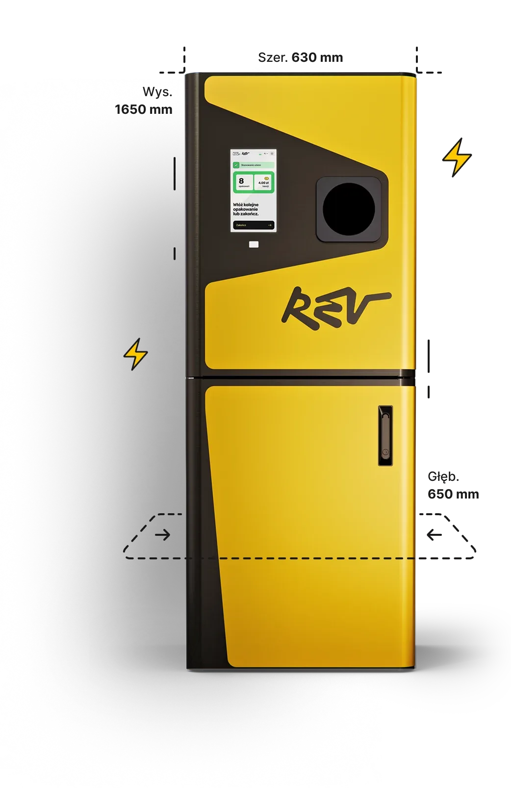 Automat Rev Loop z wymiarami: szerokość 630 mm, wysokość 1650 mm, głębokość 650 mm
