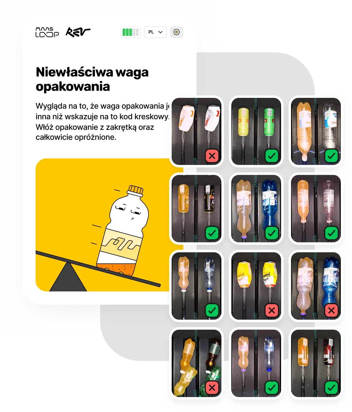 Ekran automatu odrzucający opakowanie o niewłaściwej wadze i podgląd rozpoznanych butelek