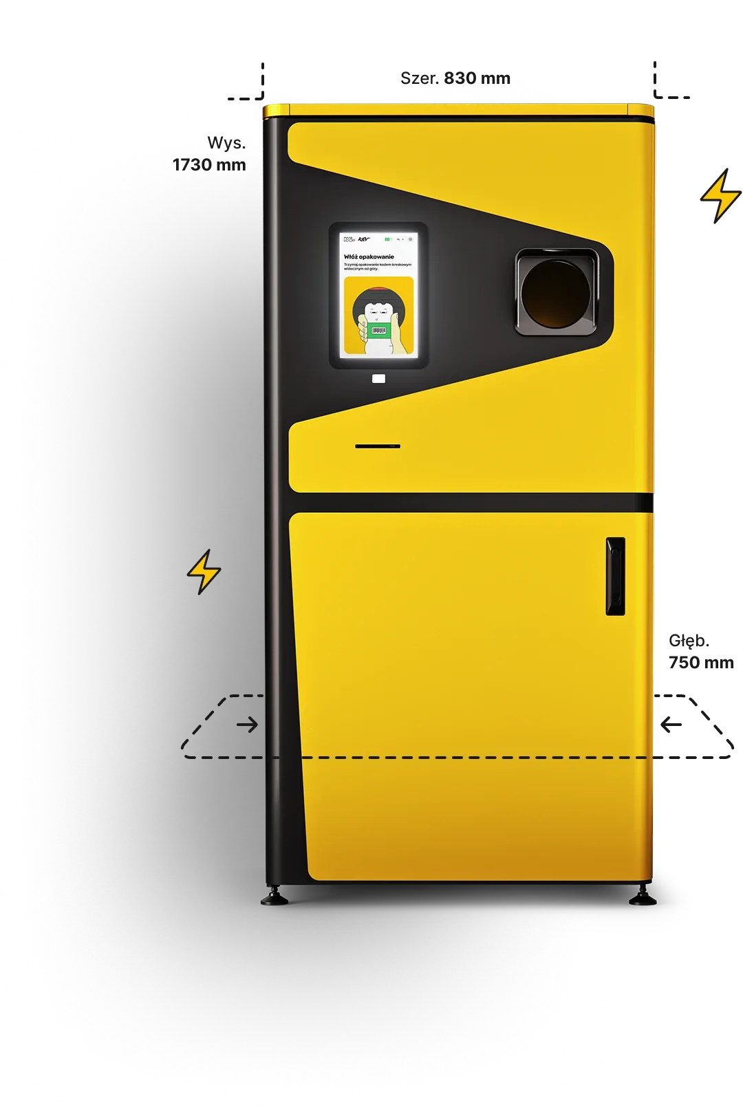 Automat Rev Loop One z wymiarami: szerokość 830 mm, wysokość 1750 mm, głębokość 770 mm
